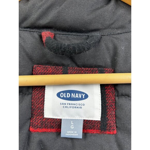 Old Navy Puffer Vest Mens Large Wool Blend Heavyweight Red Black Buffalo Plaid - Picture 4 of 7